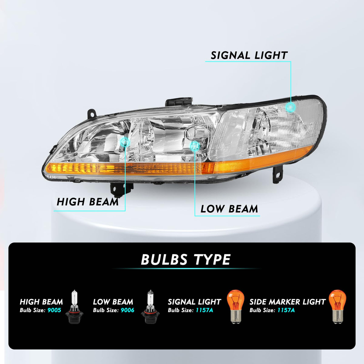 Headlight Assembly with Chrome Housing and Amber Reflector (L+R) W9064