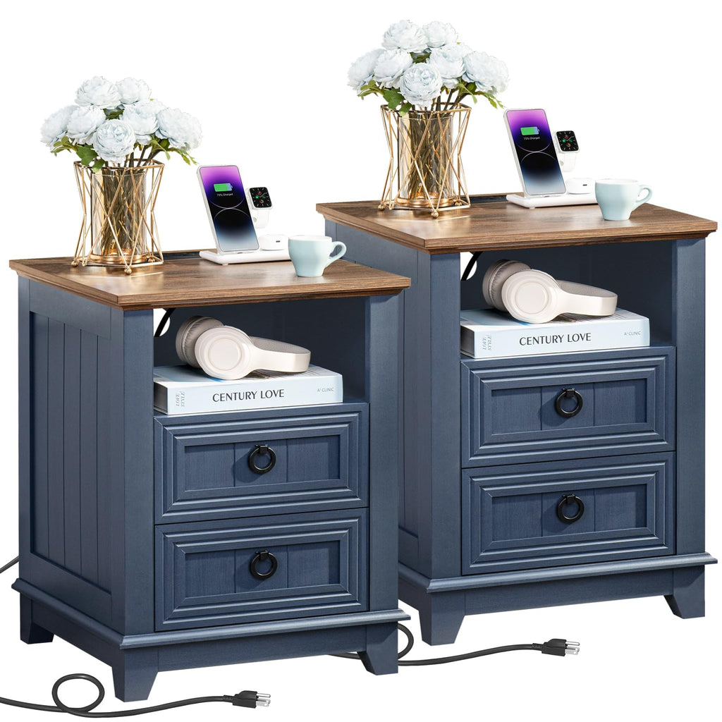 18" Blue Wooden Nightstand Set of 2 with Charging Station Q36707