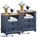 18" Blue Wooden Nightstand Set of 2 with Charging Station Q36707