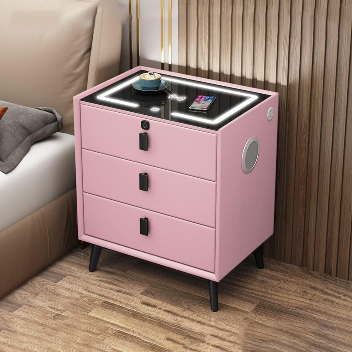 Pink 3 Drawer Smart Bedside Table with USB Charging F258240