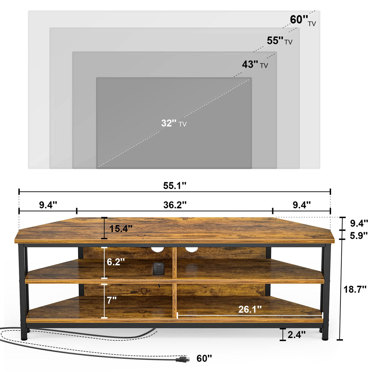 55'' Corner TV Stand with Power Outlet and 4 Open Storage Shelves I9311
