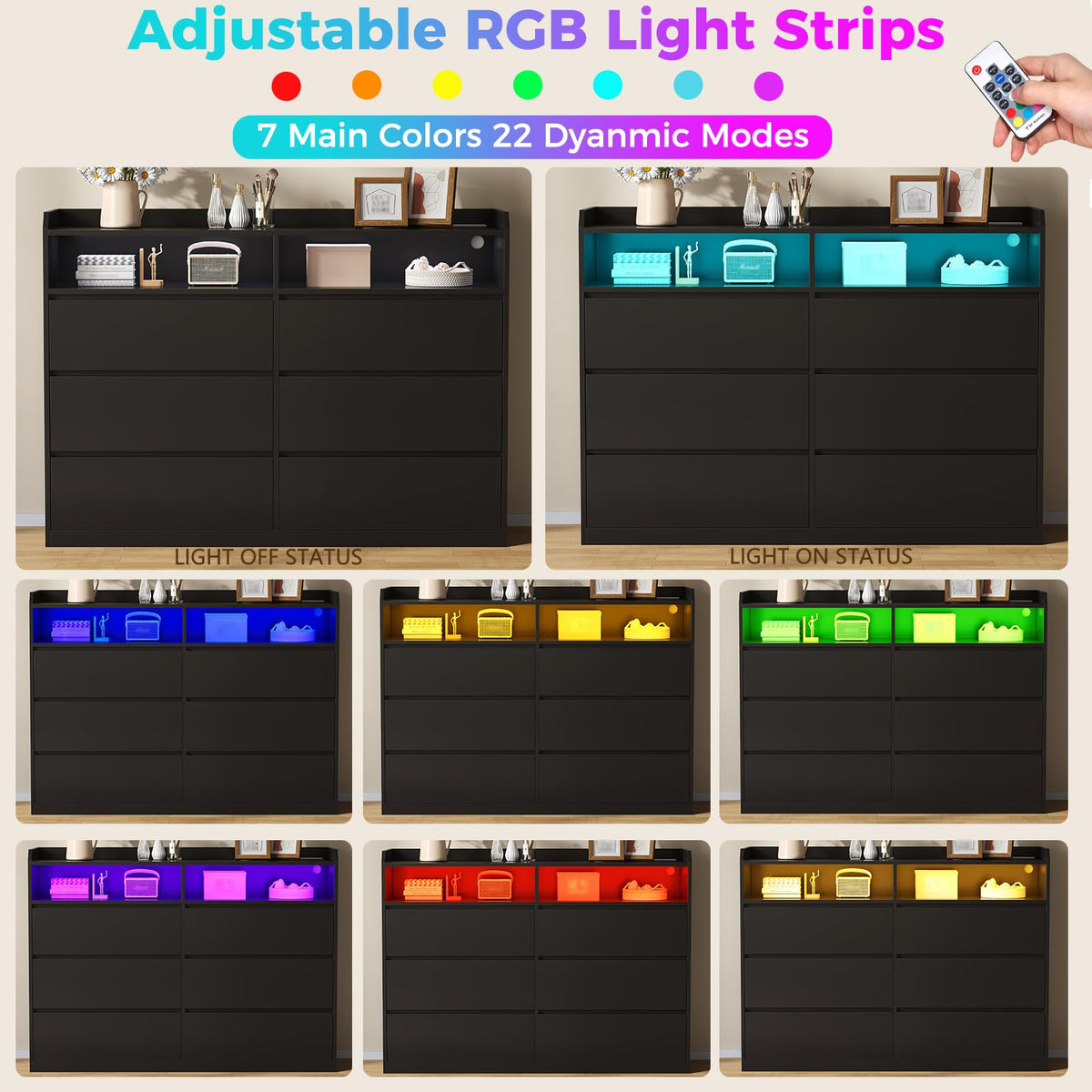 Black Dresser with LED Lights and Power Strip K776369