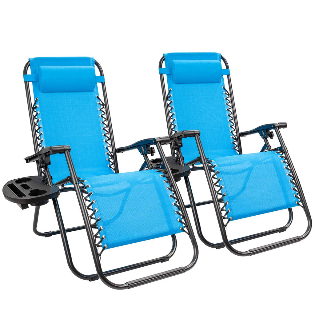 Blue Set of 2 Adjustable Folding Lounge Chair with Pillows and Cup Holders T567564