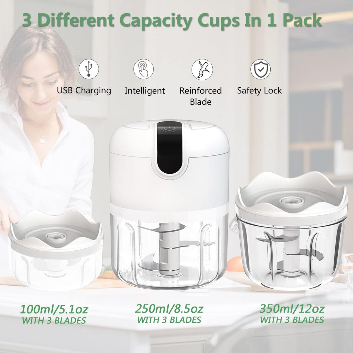 White 3 Cup USB Rechargeable Portable Electric Garlic Crusher J840094