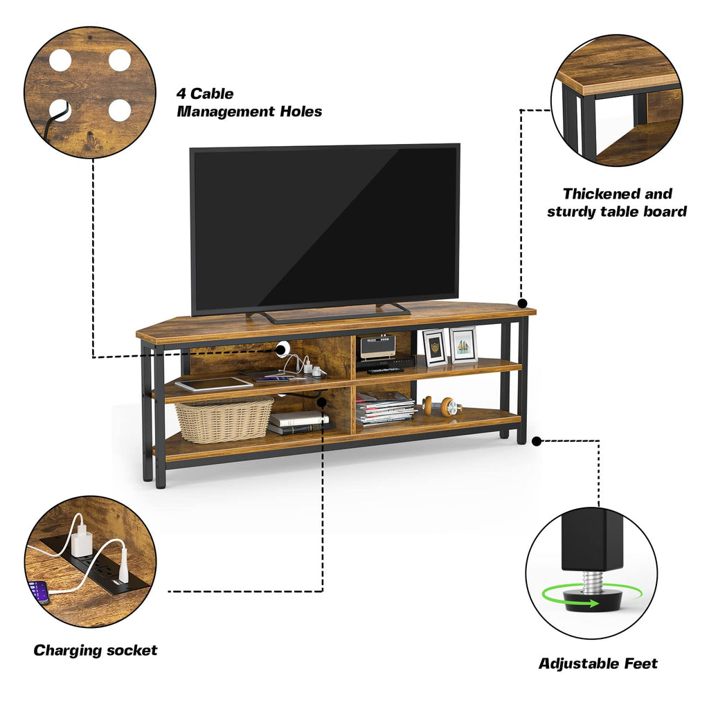 55'' Corner TV Stand with Power Outlet and 4 Open Storage Shelves I9311