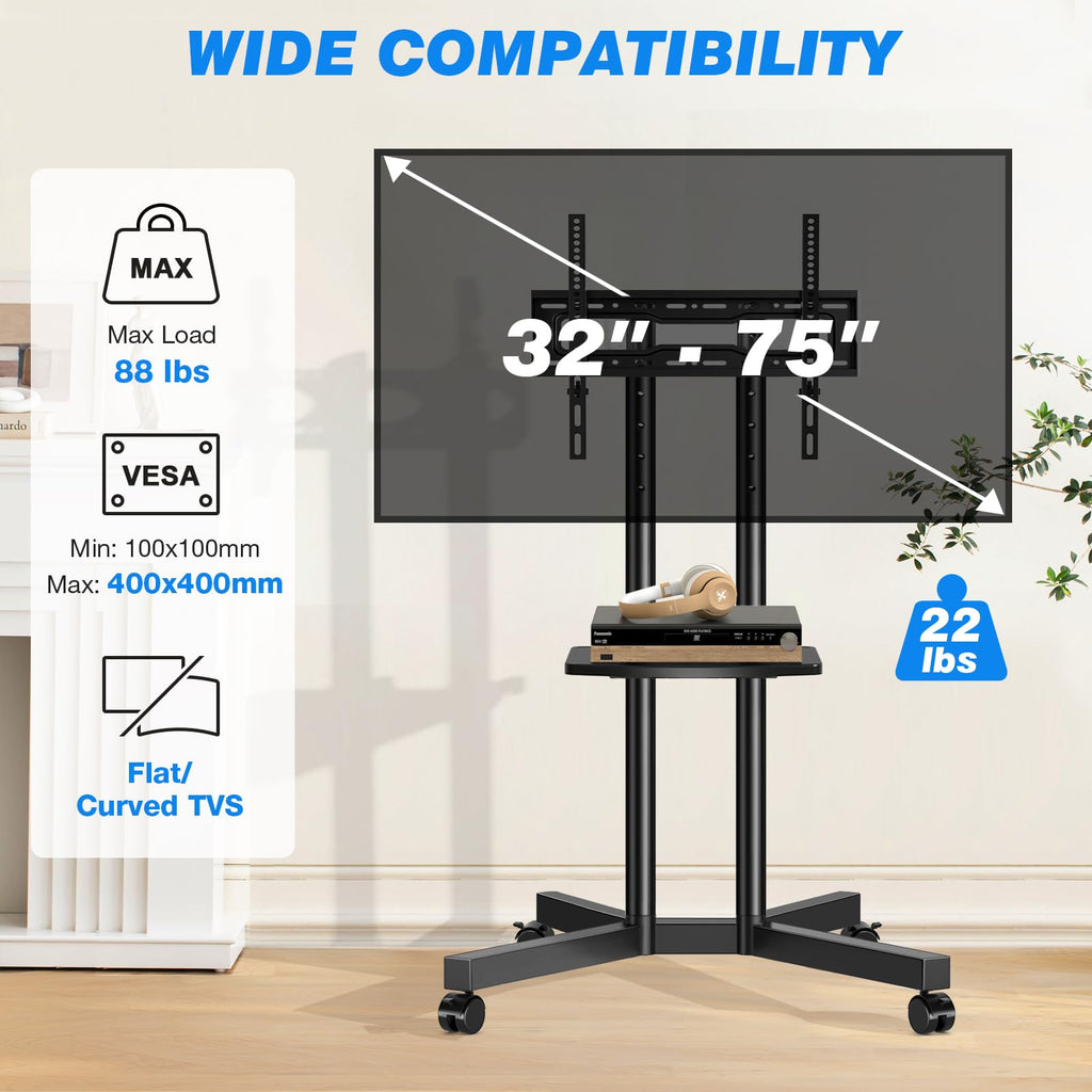 Mobile TV Cart Rolling TV Stand with Power Outlet for 32-75 Inch TVs C65668