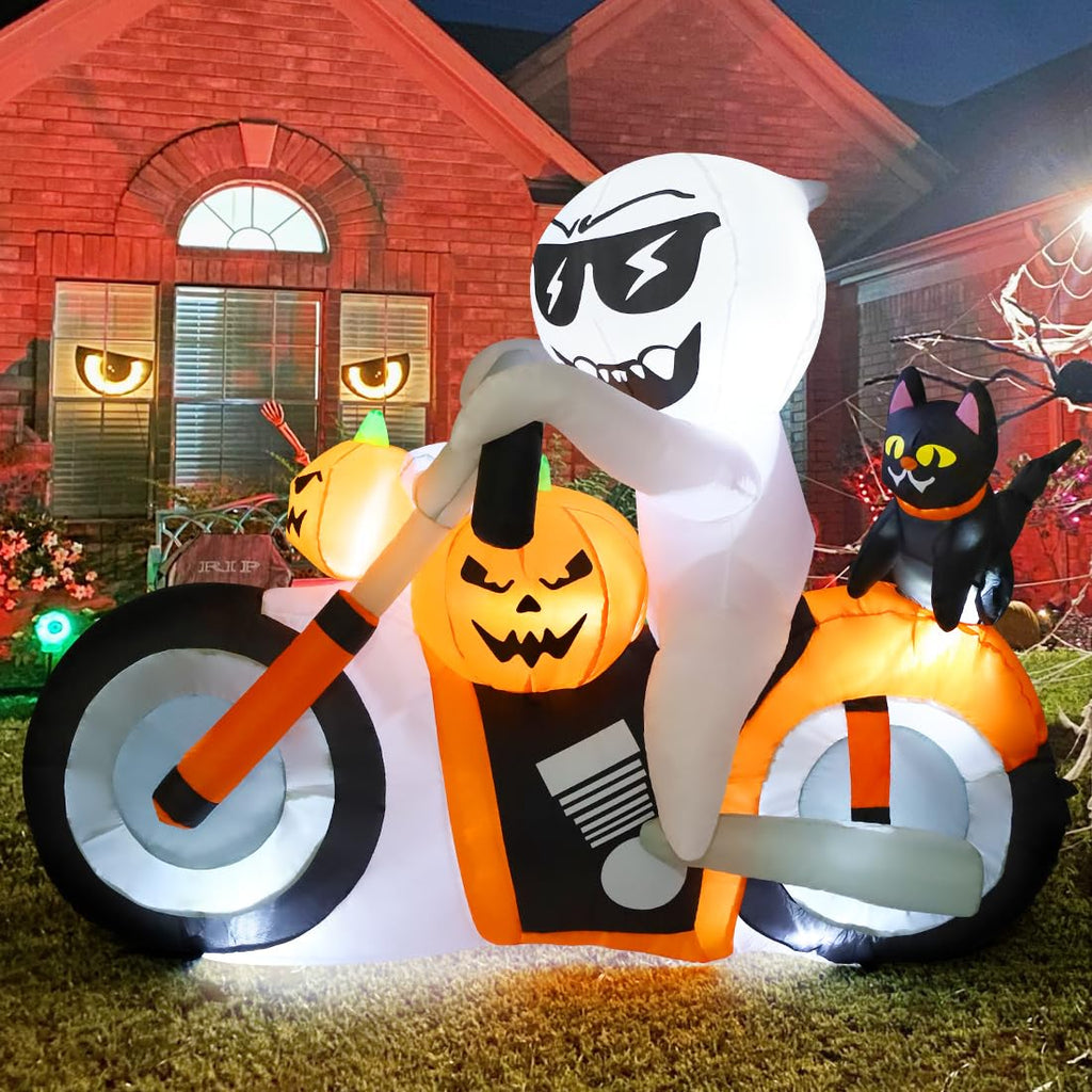 6 FT Halloween Inflatables Ghost Pumpkin Cat Motorcycle with Built-in LEDs B59336