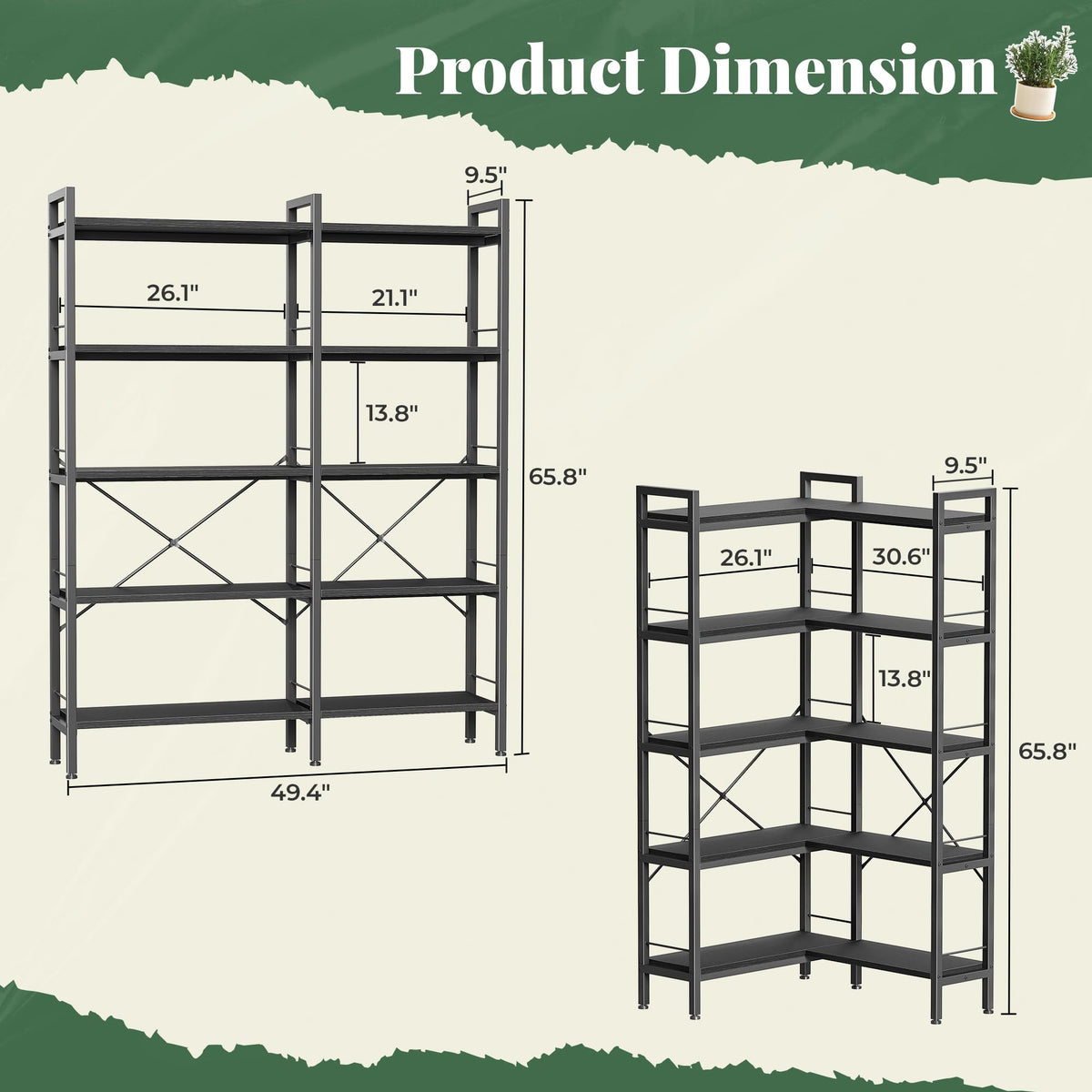 5 Tier L Shaped Corner Bookshelf with 10 Open Shelves I639