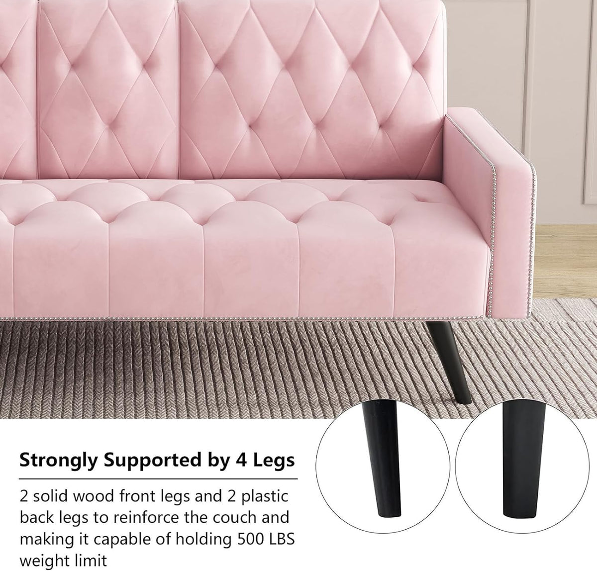 Pink Velvet Futon Couch Bed with Cup Holder B137377