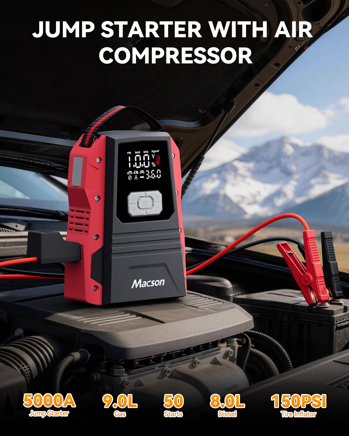Portable 12V Jump Starter with Air Compressor and 150PSI Tire Inflator B1909