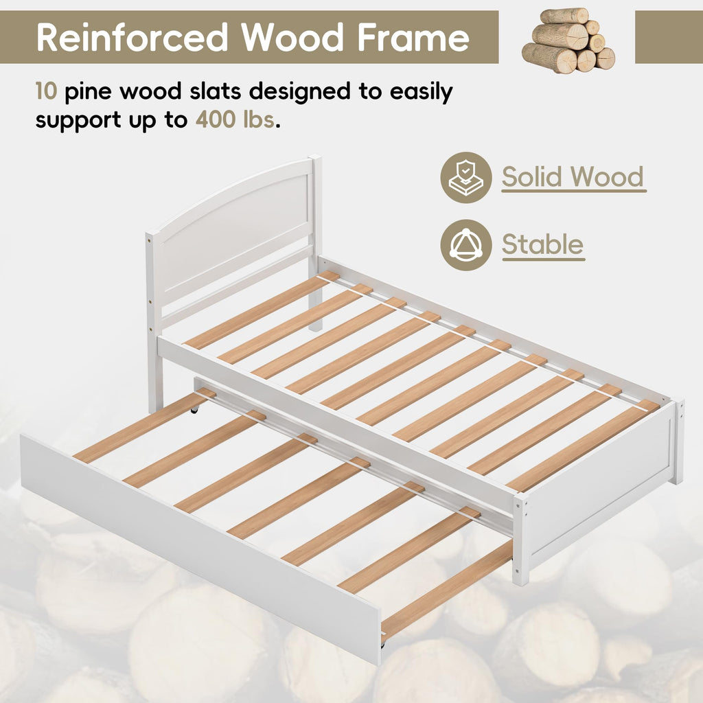 White Twin Trundle Bed with Headboard Q385468