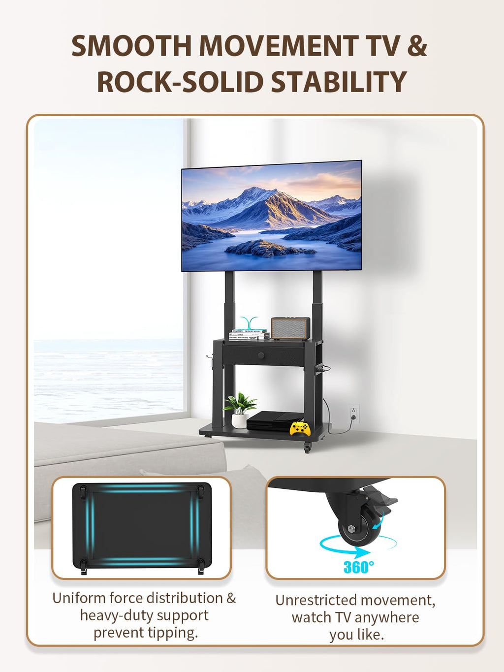 Black Rolling TV Stand with Power Outlet for 32-75 Inch Screens X421869