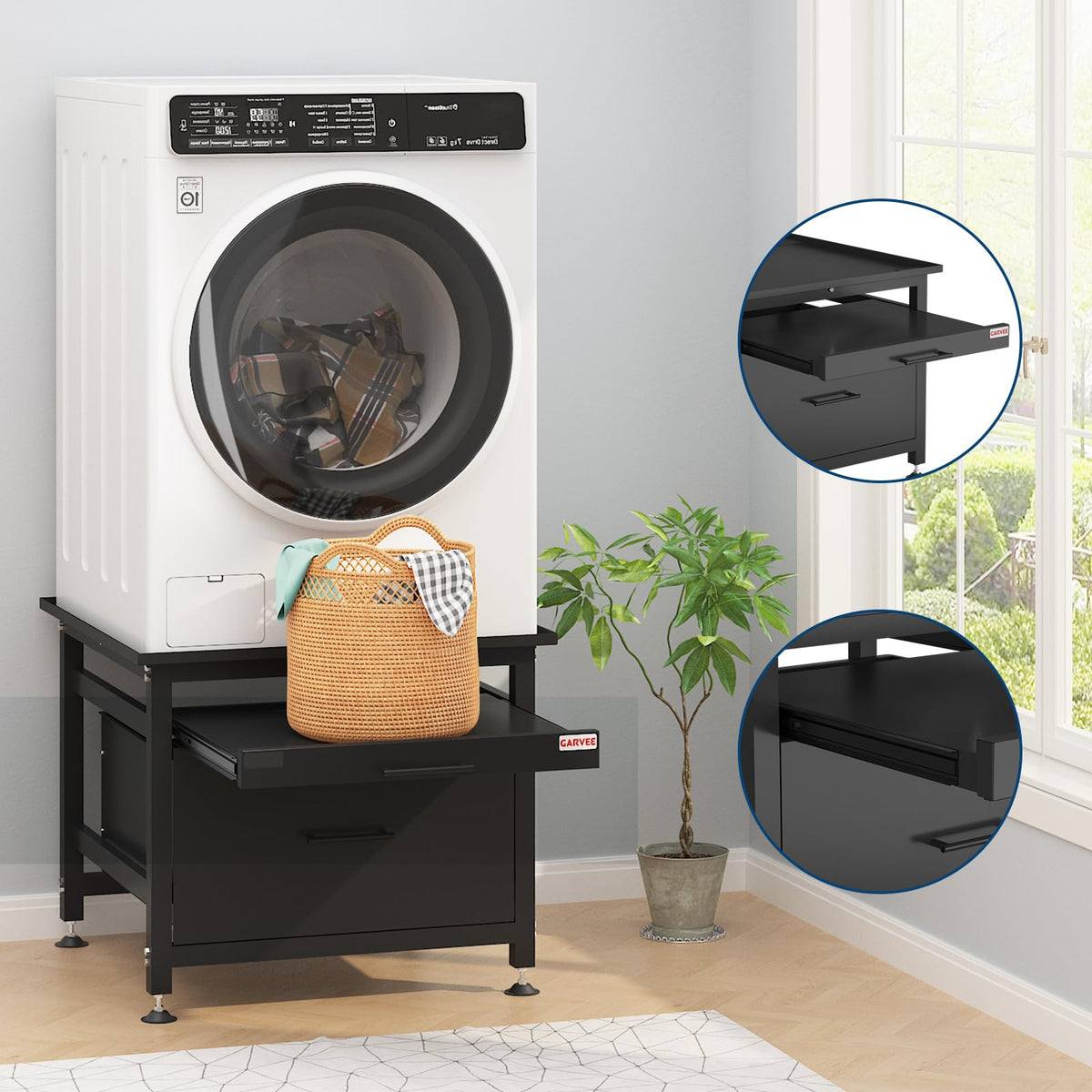 29" Black Metal Washer and Dryer Pedestal with Drawer P55686