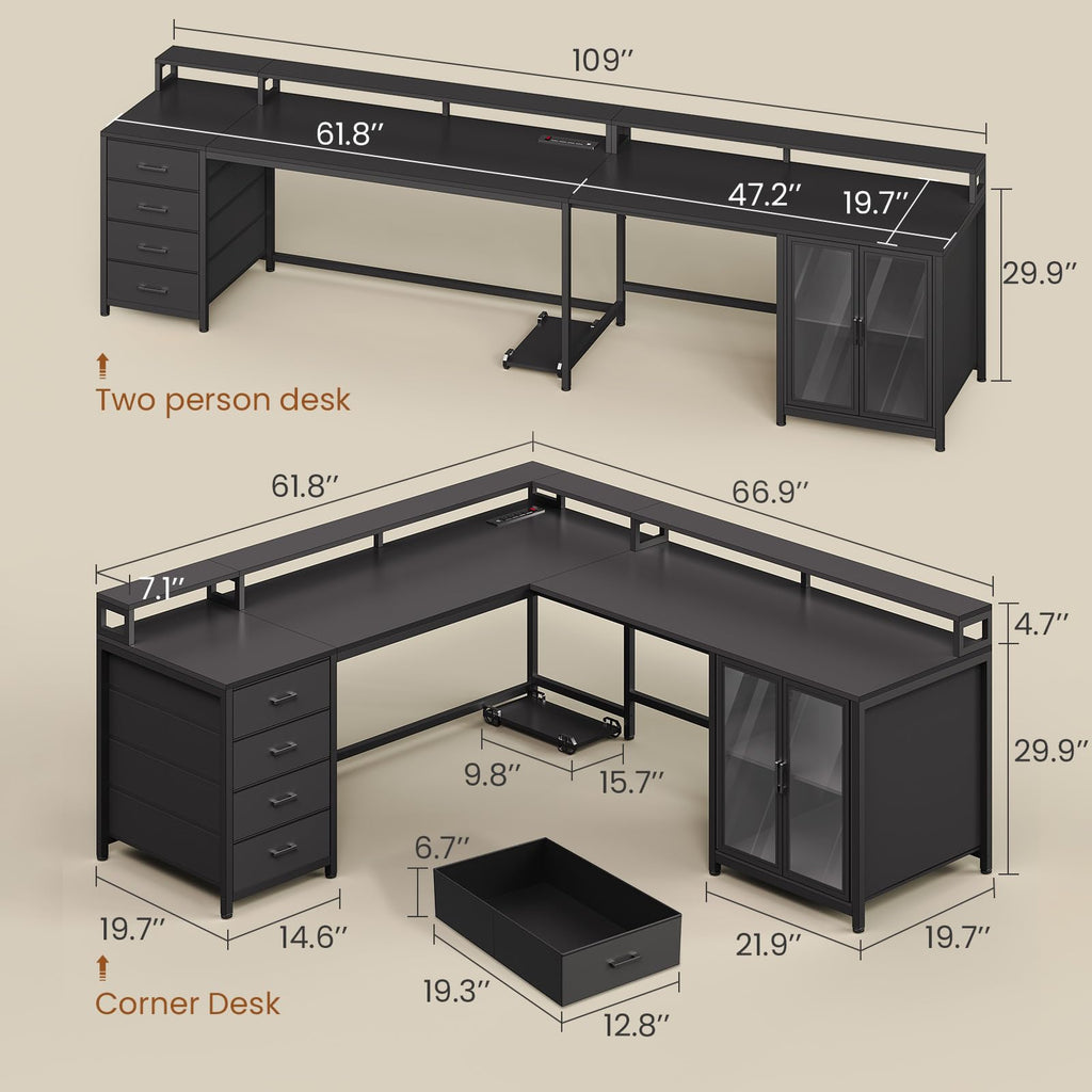 L Shaped Gaming Desk with 4 Drawers and Power Outlet, Black F413