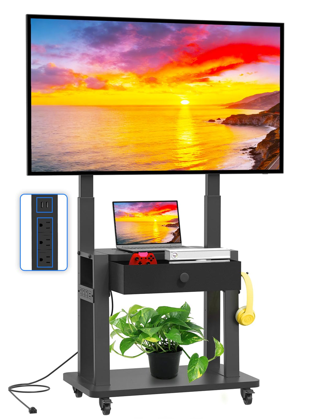 Black Rolling TV Stand with Power Outlet for 32-75 Inch Screens X421869