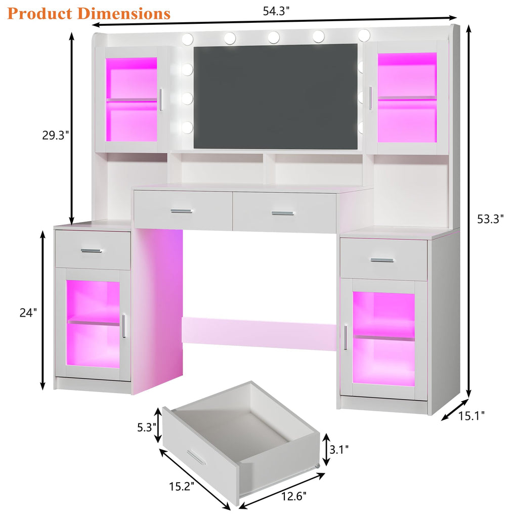 Large White Vanity Desk with Mirror and Lights C953