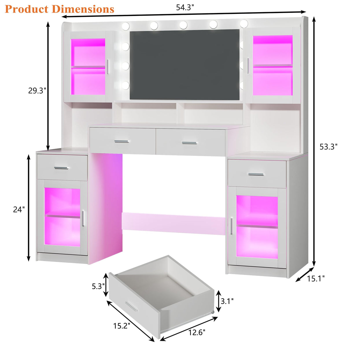 Large White Vanity Desk with Mirror and Lights C953