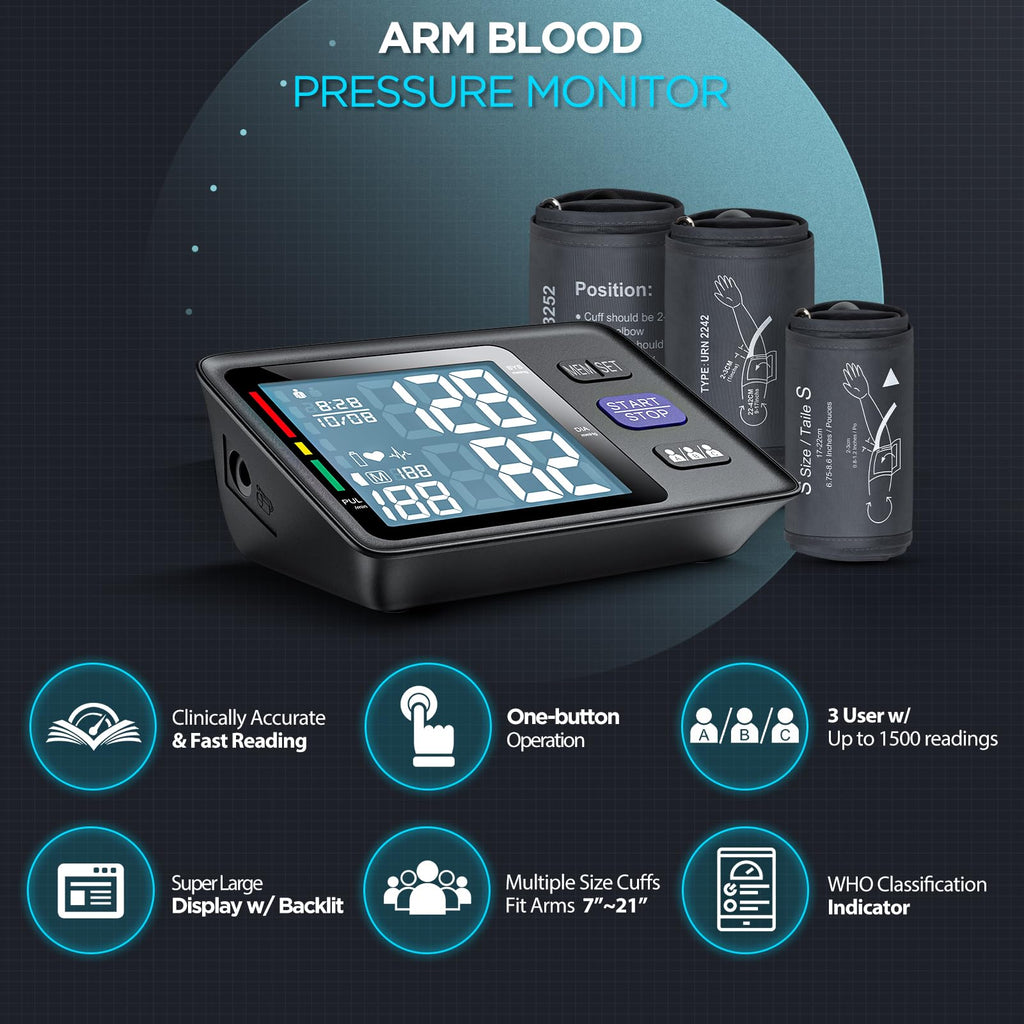 Blood Pressure Machine Upper Arm, 3 Size Cuffs, Automatic Digital BP Monitor, Large Backlit LCD C74856