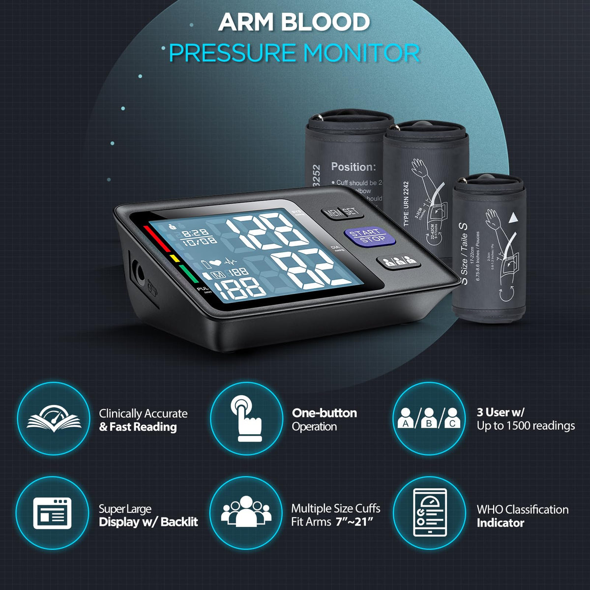 Blood Pressure Machine Upper Arm, 3 Size Cuffs, Automatic Digital BP Monitor, Large Backlit LCD C74856