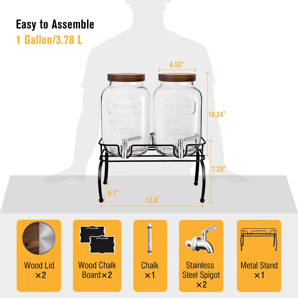 1 Gallon Glass Drink Dispenser with Stand, 2 Pcs F862
