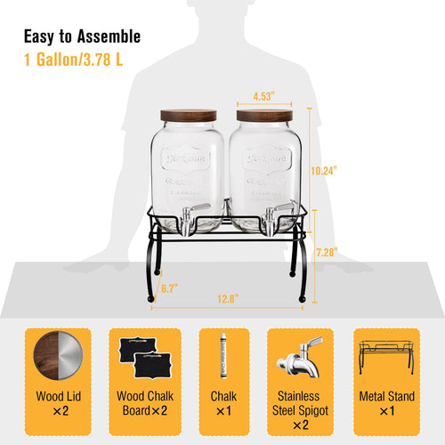 1 Gallon Glass Drink Dispenser with Stand, 2 Pcs F862