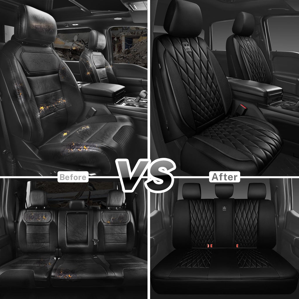 5 Seats Faux Leather Seat Covers Full Set Pure Black Q812