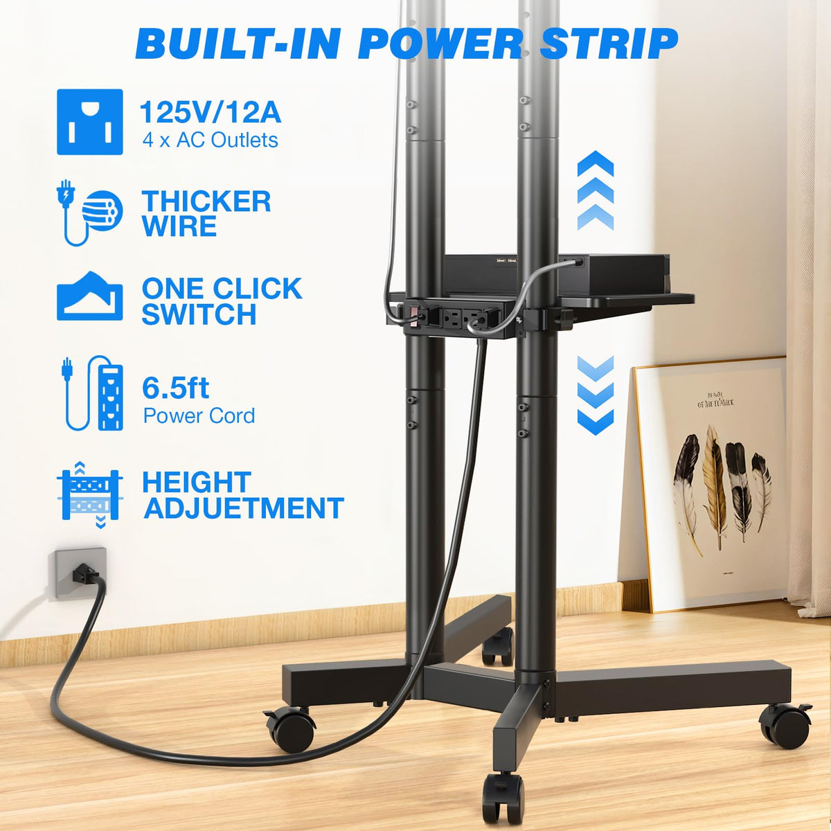 Mobile TV Cart Rolling TV Stand with Power Outlet for 32-75 Inch TVs C65668