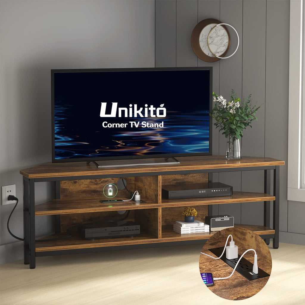 55'' Corner TV Stand with Power Outlet and 4 Open Storage Shelves I9311