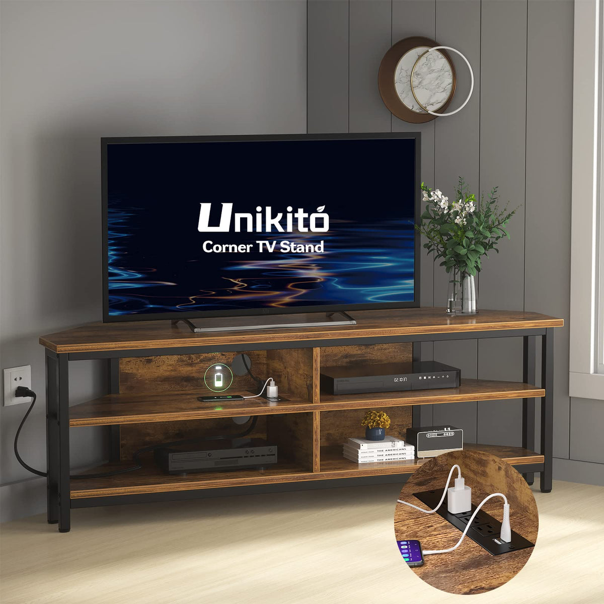 55'' Corner TV Stand with Power Outlet and 4 Open Storage Shelves I9311
