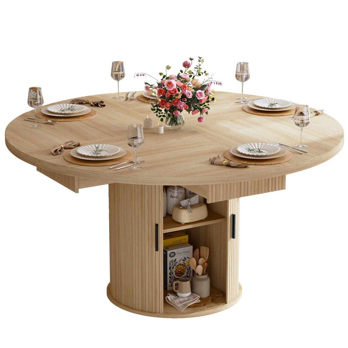 47.2" Round Wood Dining Table with 4 Drawers A492349
