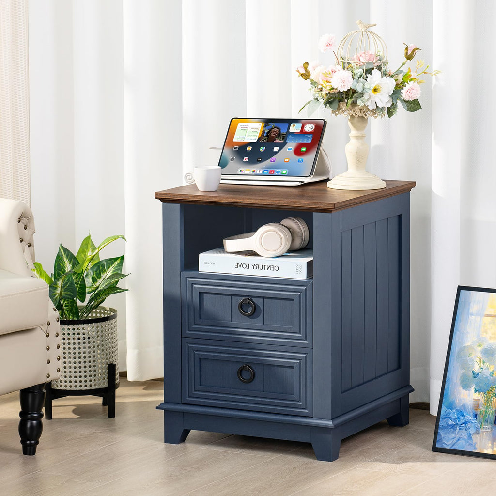 18" Blue Wooden Nightstand Set of 2 with Charging Station Q36707