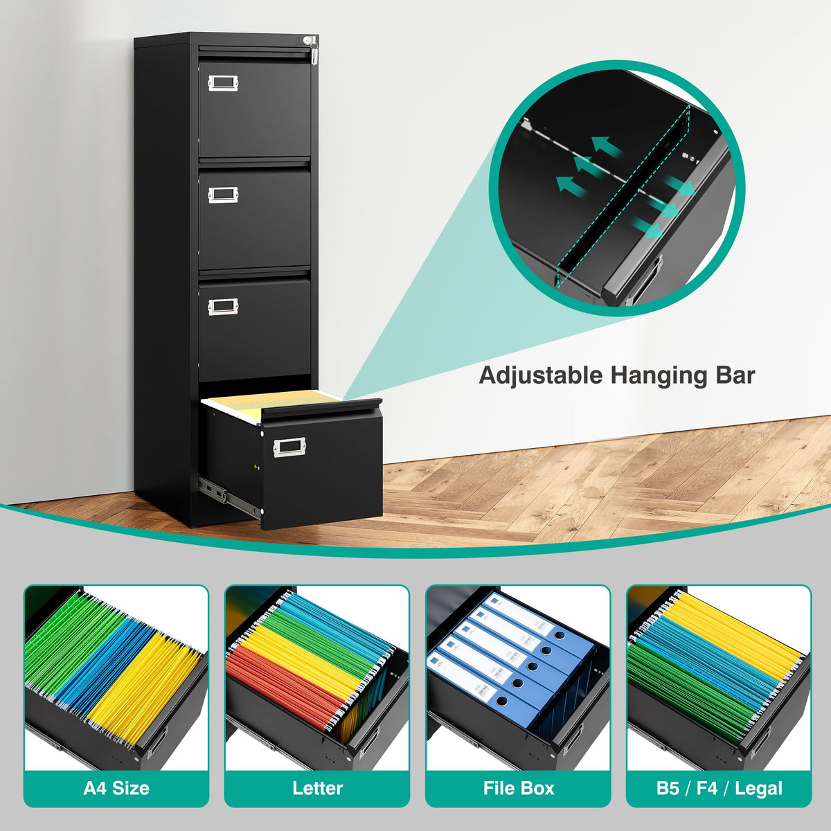 4 Drawer Black Metal File Cabinet with Lock N7896