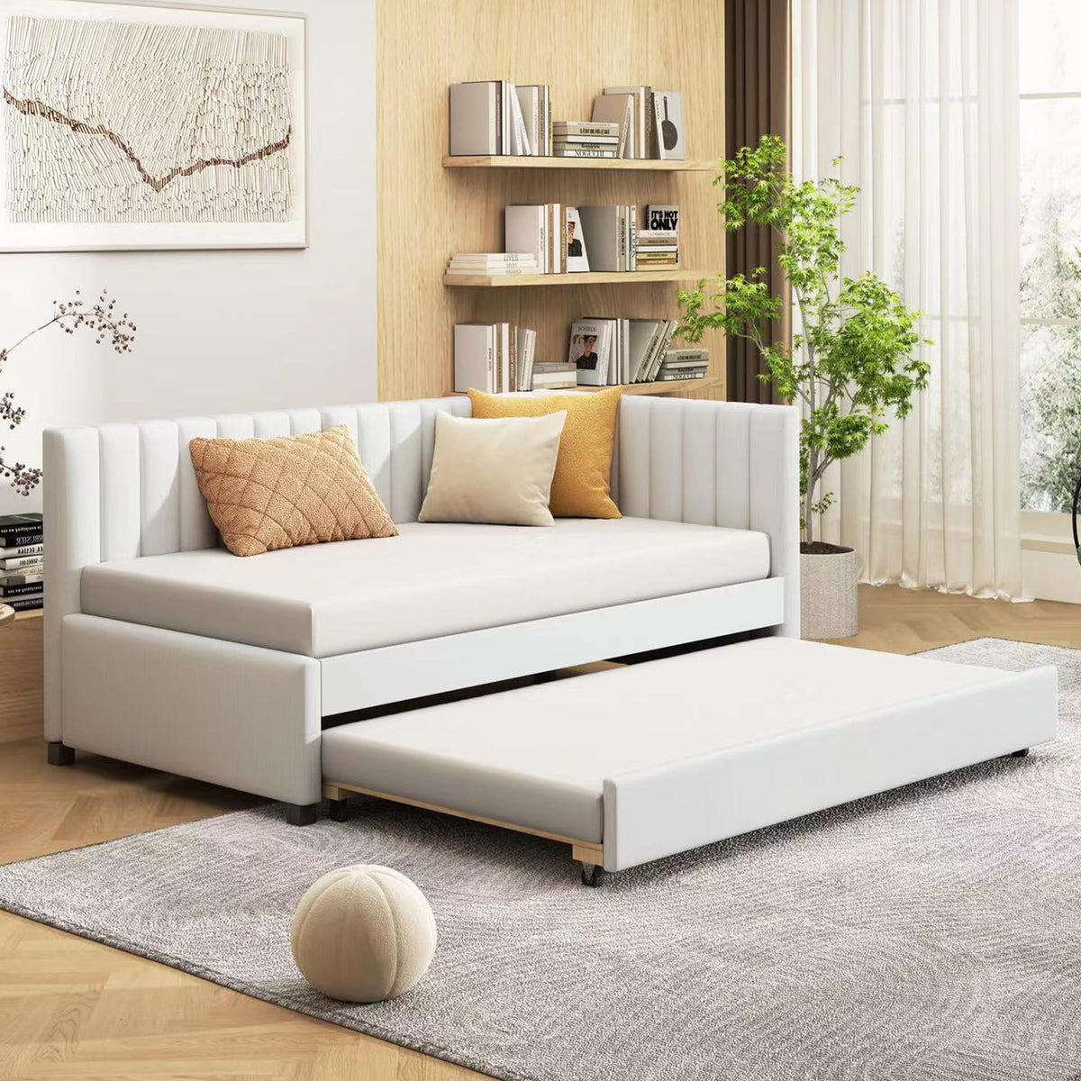 Beige Linen Twin Size Upholstered Daybed with Trundle Q758