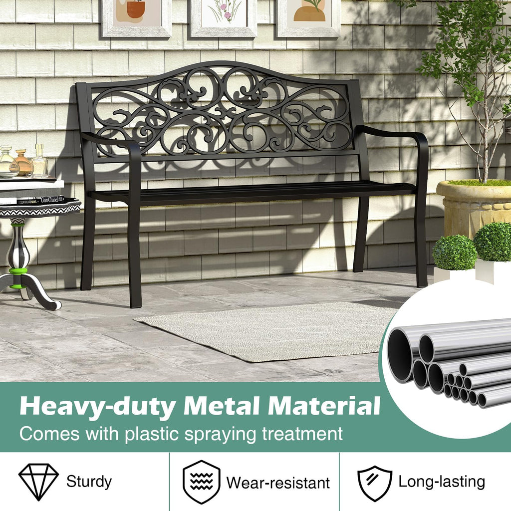 50 Inches Black Cast Iron Metal Patio Bench with Floral Backrest S5745