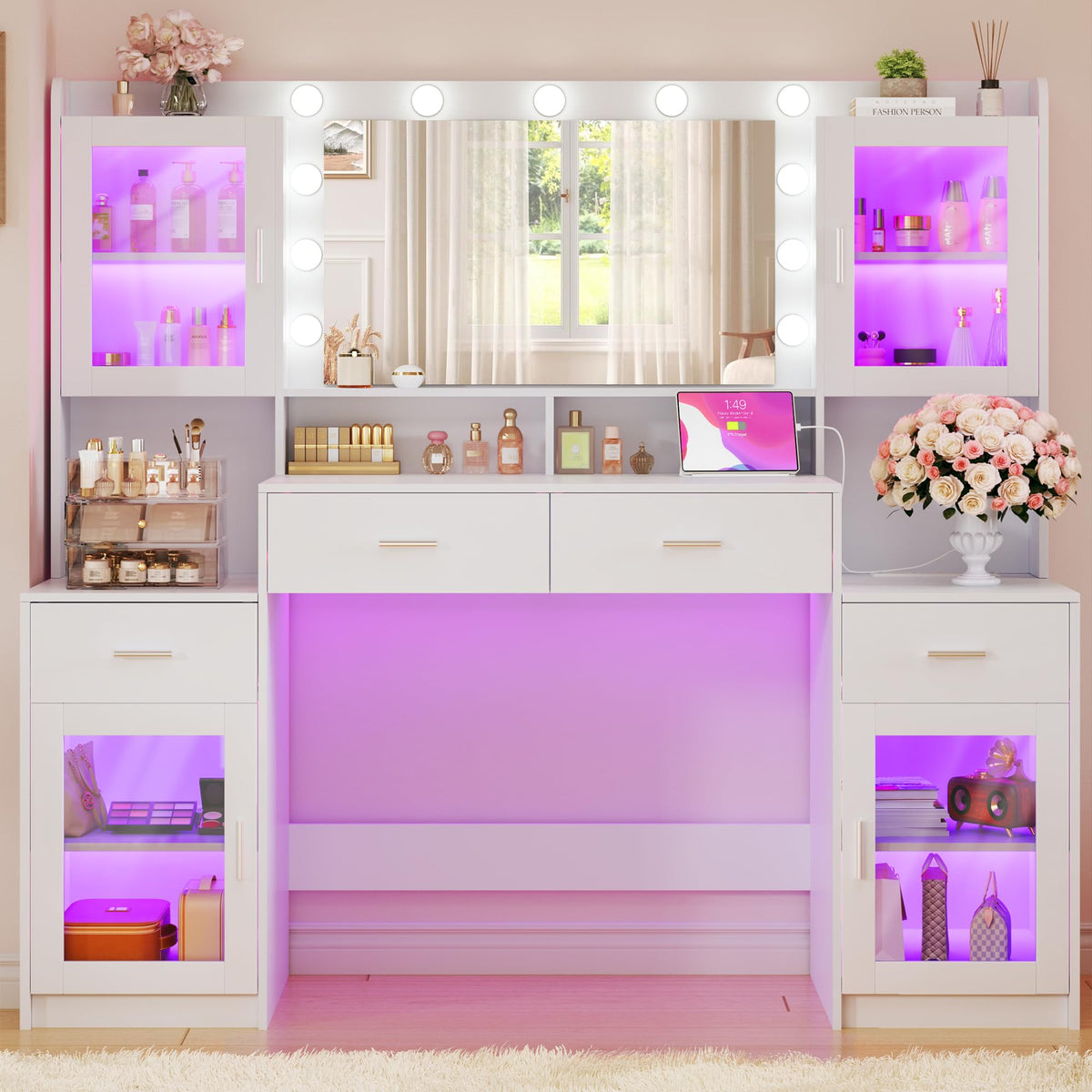Large White Vanity Desk with Mirror and Lights C953