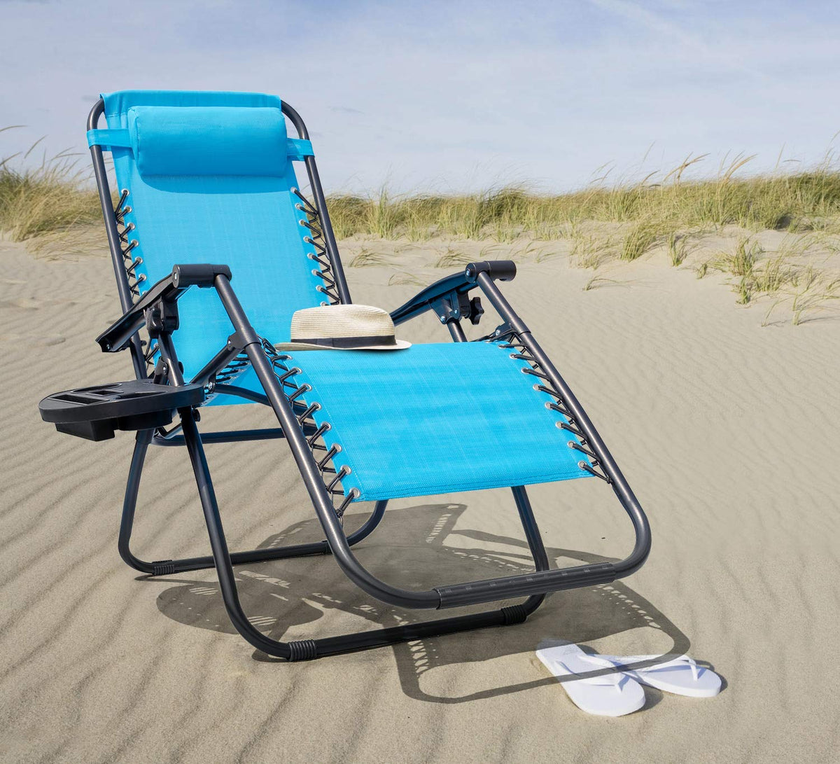 Blue Set of 2 Adjustable Folding Lounge Chair with Pillows and Cup Holders T567564