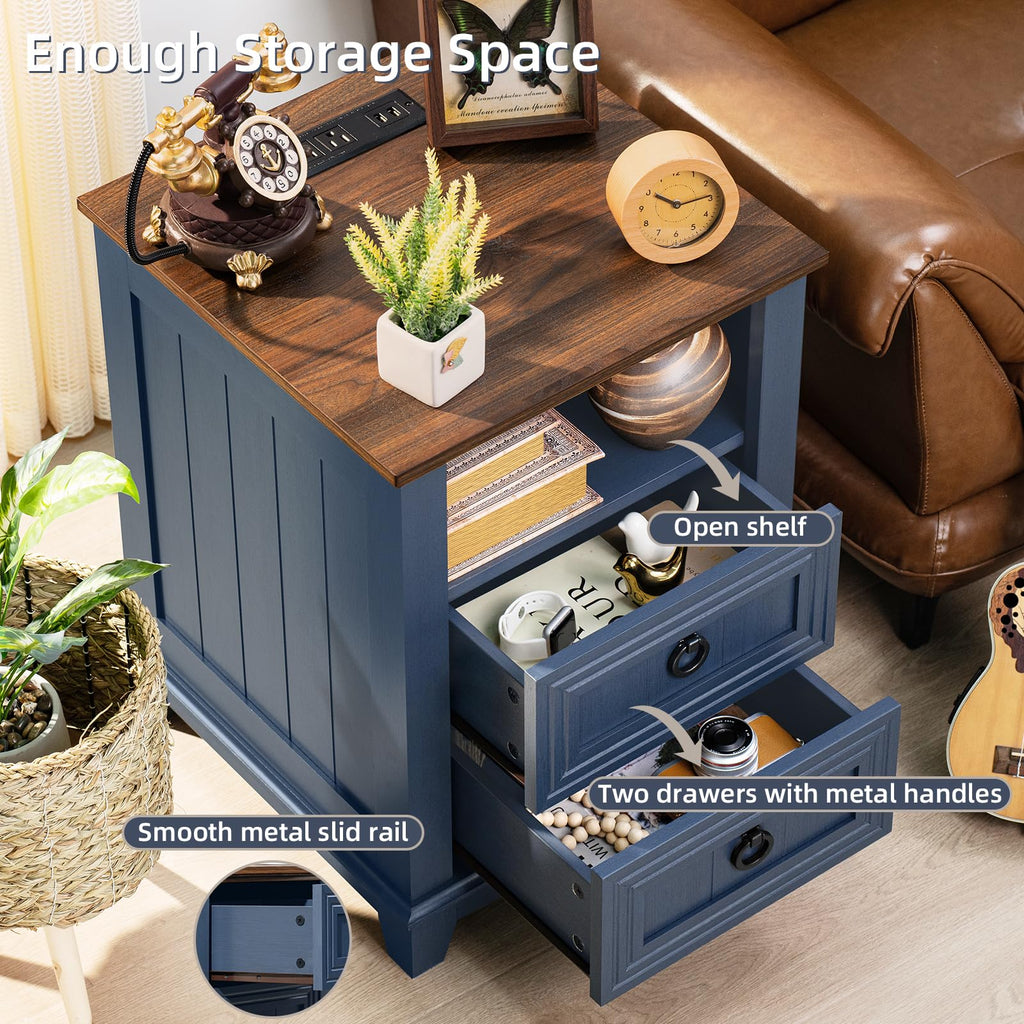 18" Blue Wooden Nightstand Set of 2 with Charging Station Q36707