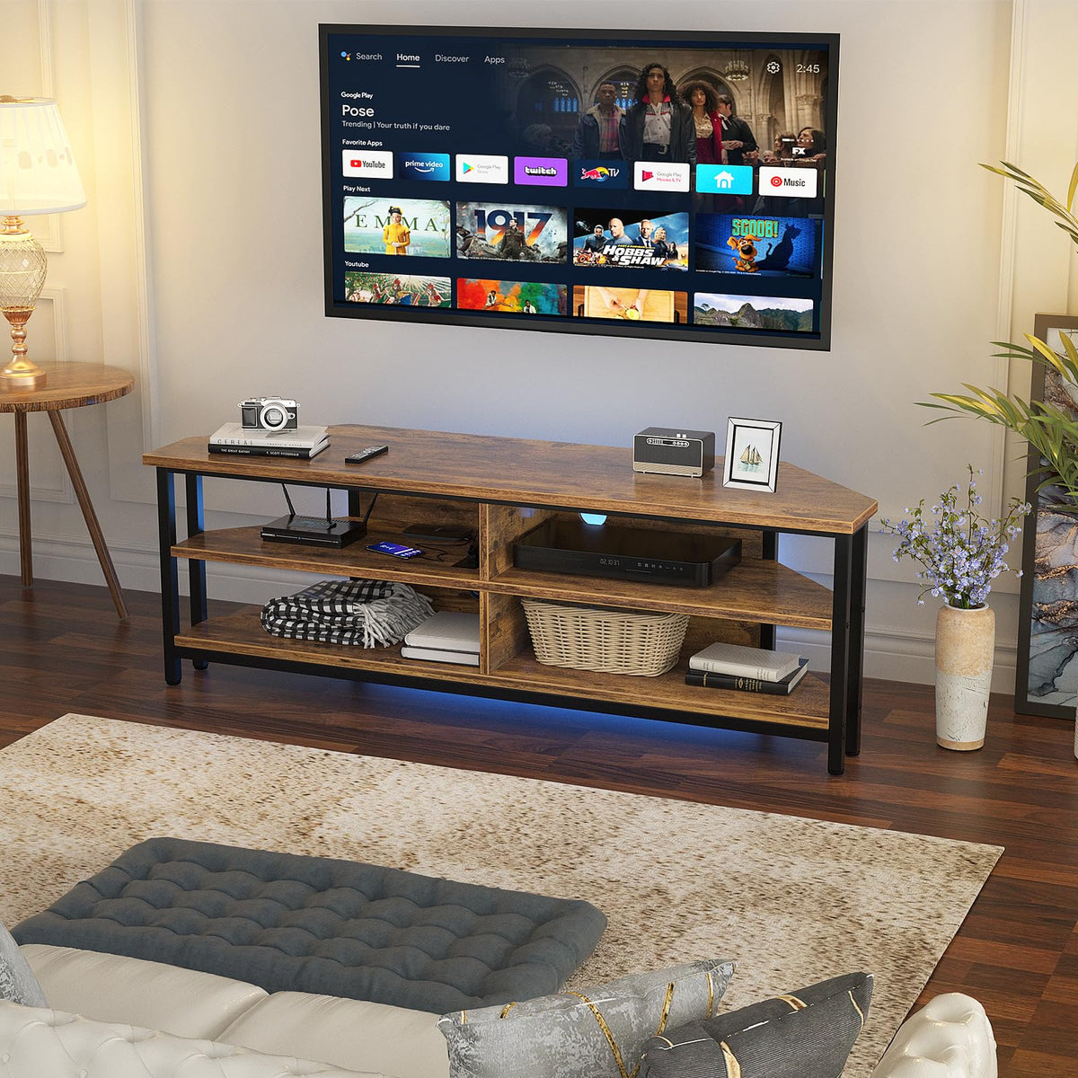 55'' Corner TV Stand with Power Outlet and 4 Open Storage Shelves I9311