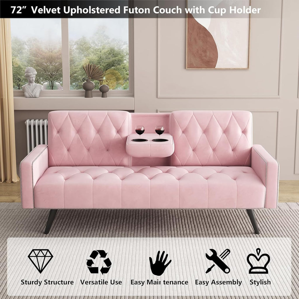 Pink Velvet Futon Couch Bed with Cup Holder B137377
