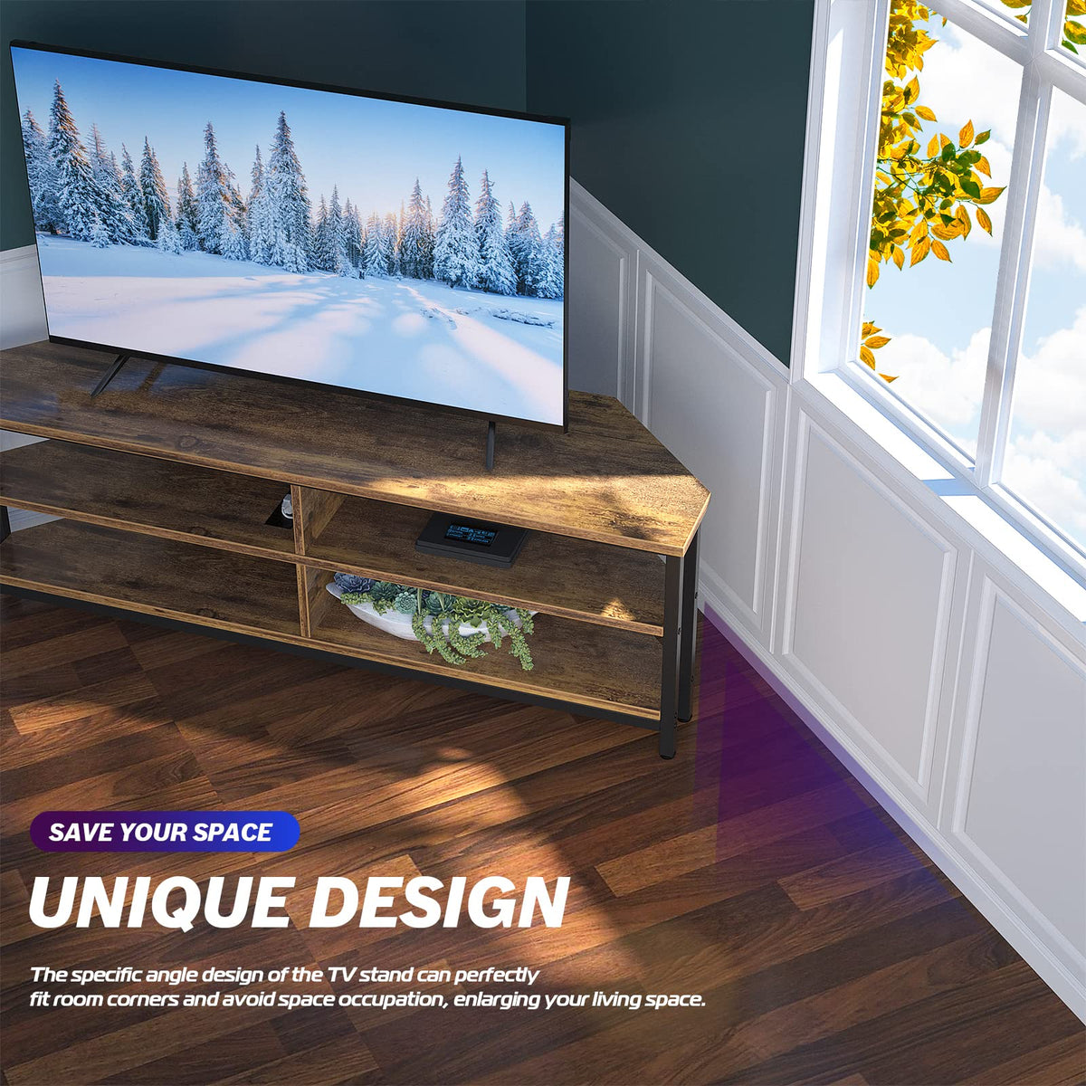 55'' Corner TV Stand with Power Outlet and 4 Open Storage Shelves I9311