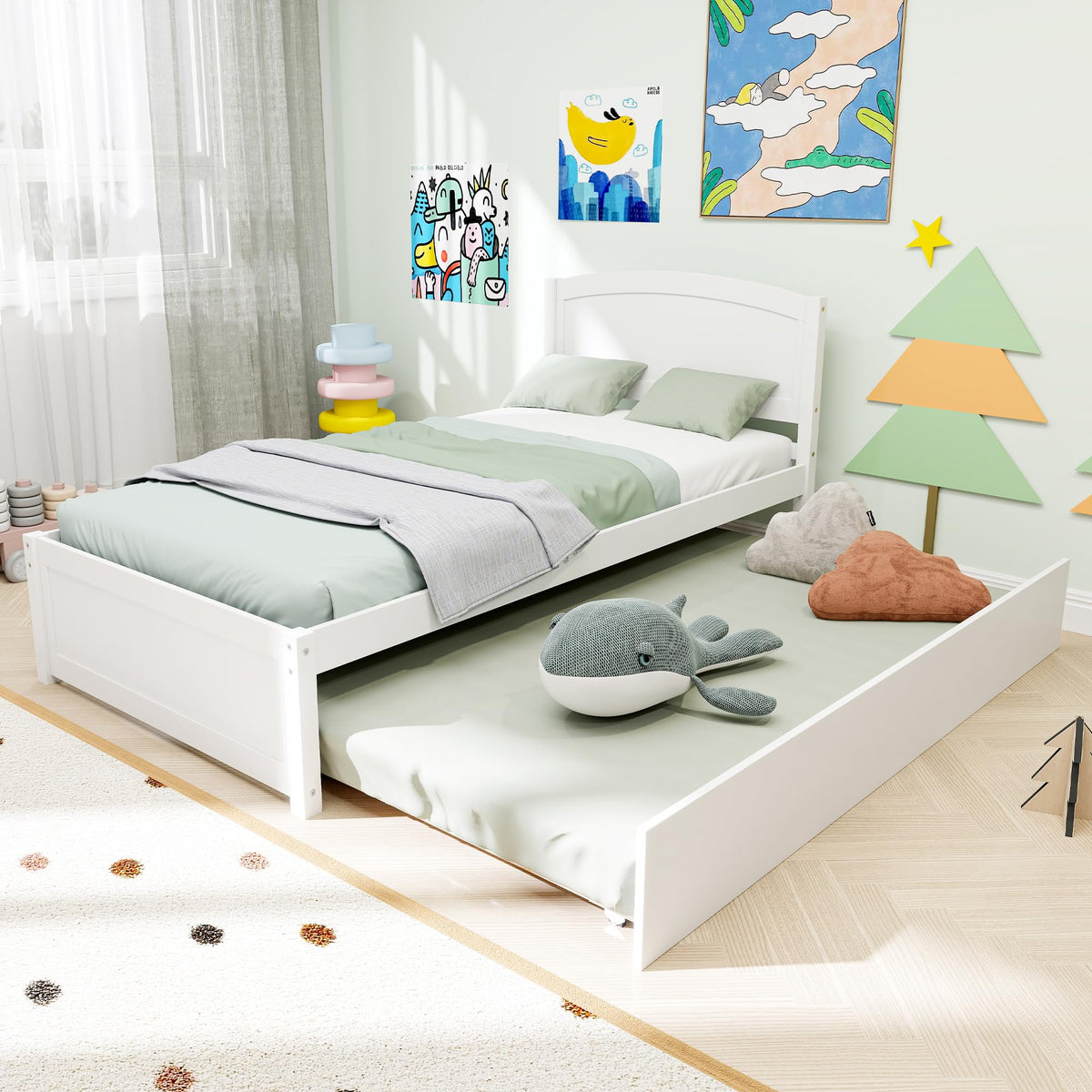 White Twin Trundle Bed with Headboard Q385468