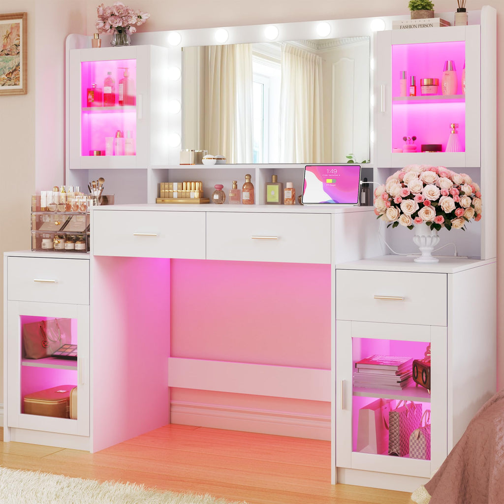 Large White Vanity Desk with Mirror and Lights C953