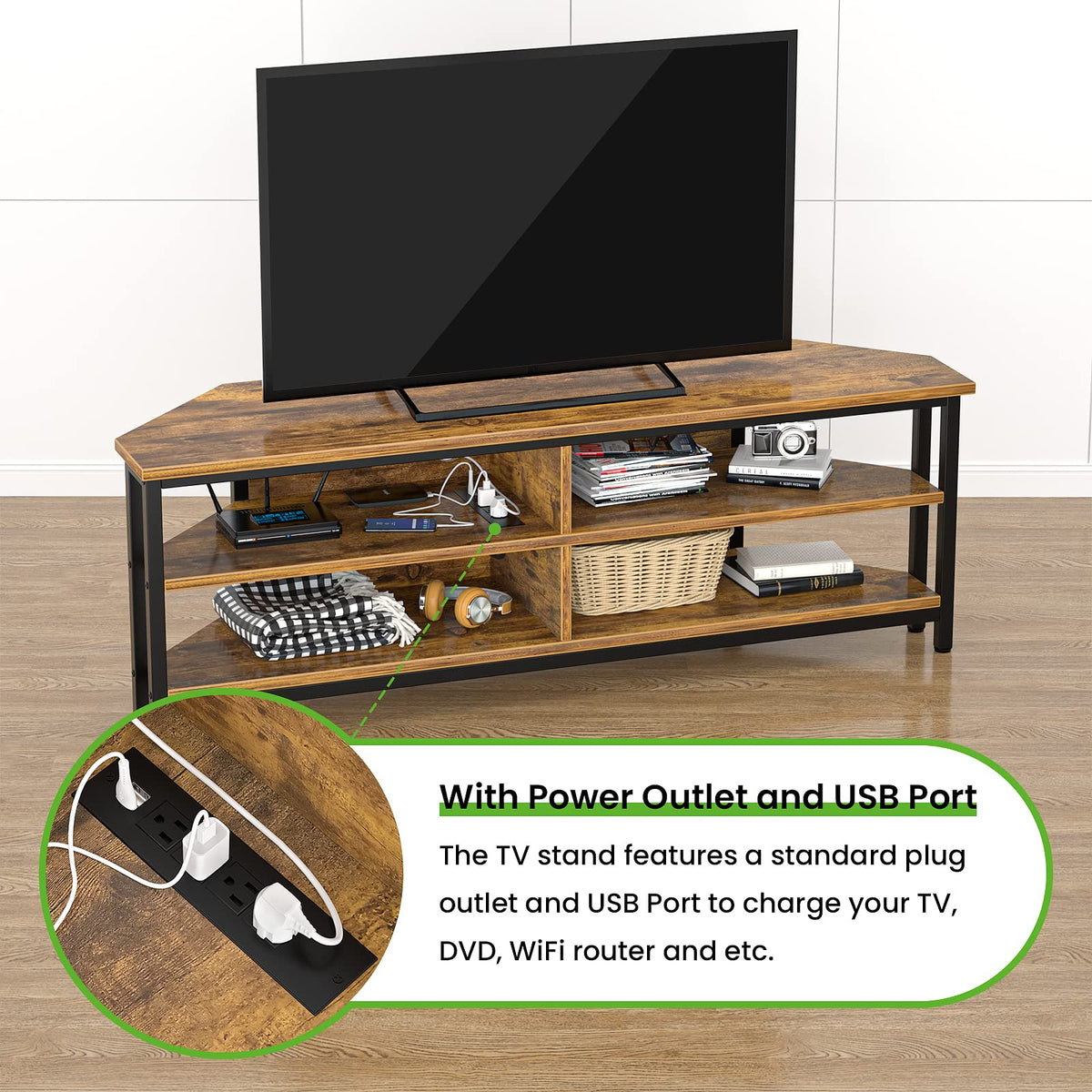 55'' Corner TV Stand with Power Outlet and 4 Open Storage Shelves I9311