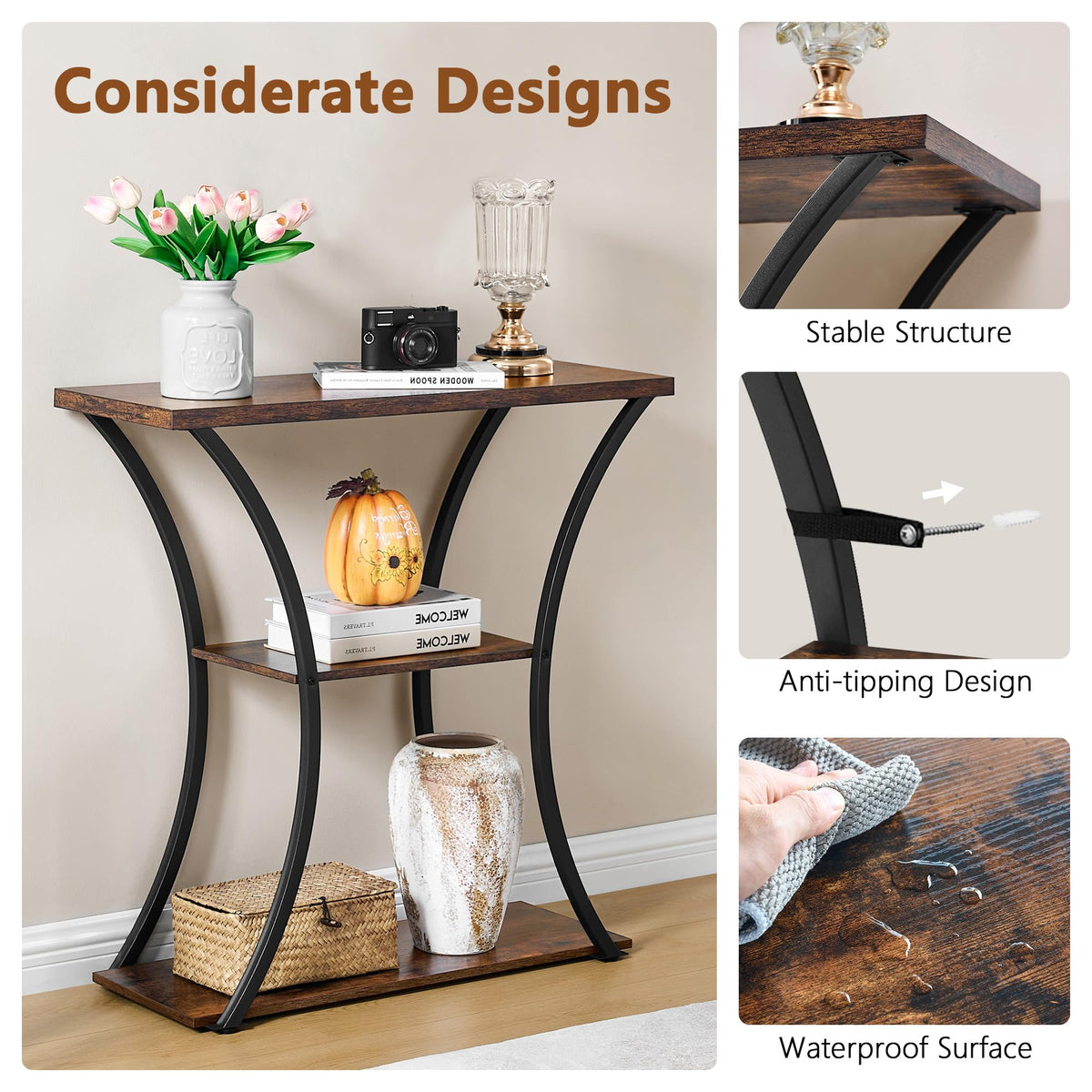 3 Tier Console Table with Open Wood Shelves M401