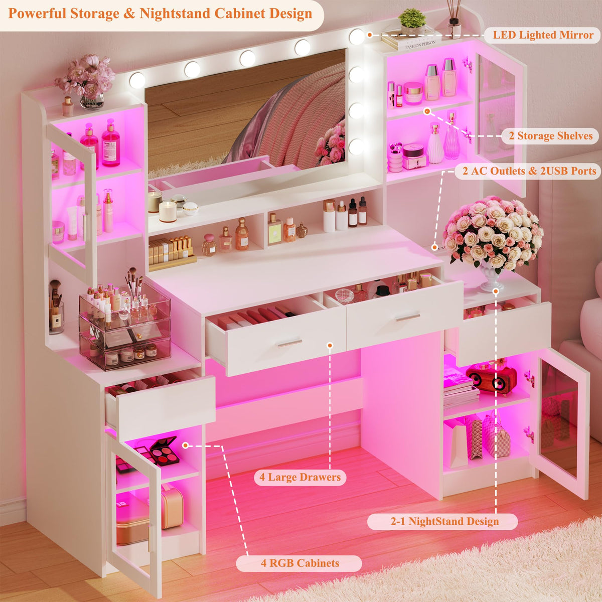 Large White Vanity Desk with Mirror and Lights C953