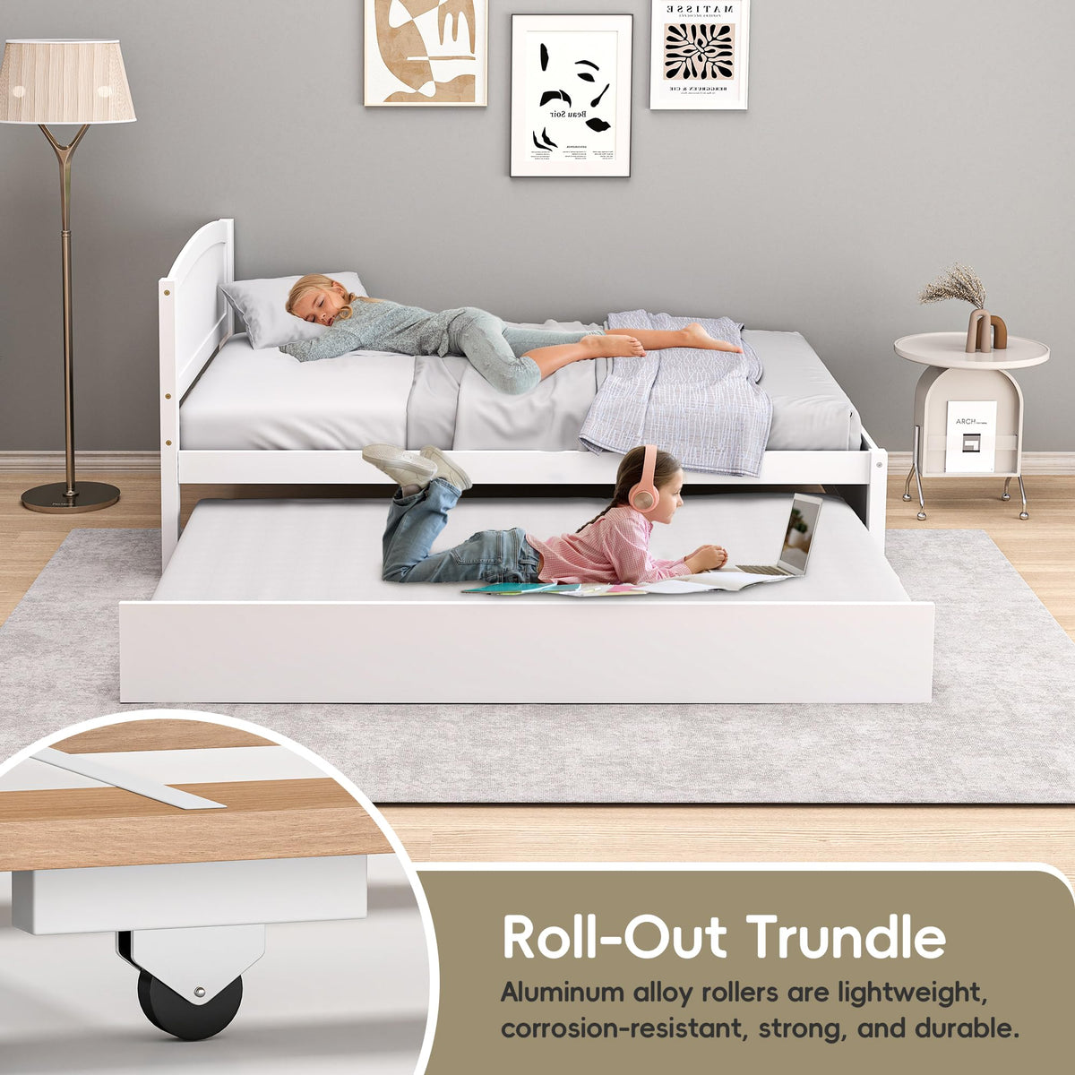 White Twin Trundle Bed with Headboard Q385468
