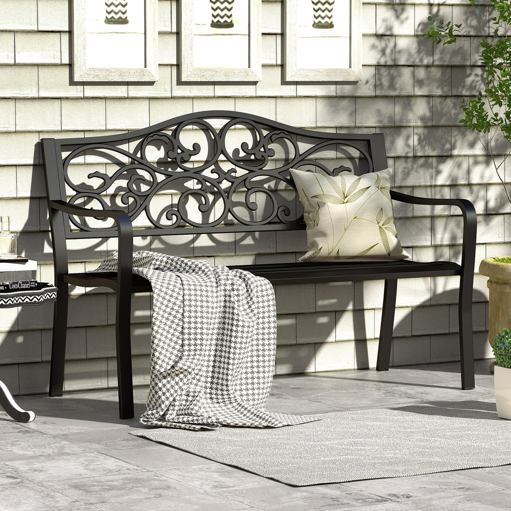 50 Inches Black Cast Iron Metal Patio Bench with Floral Backrest S5745