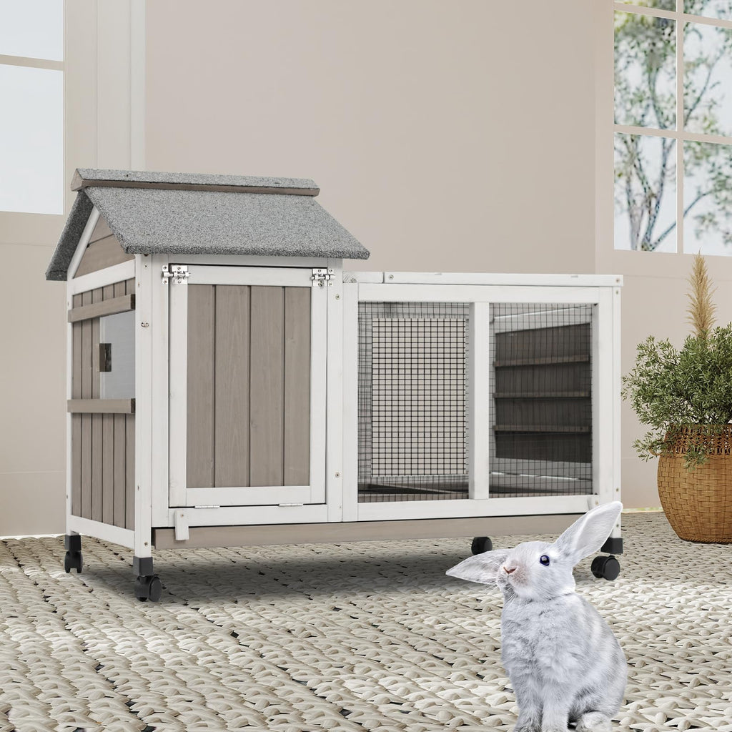 38.19"L Wooden Rabbit Hutch with 4 Wheels and Pull Out Tray M807