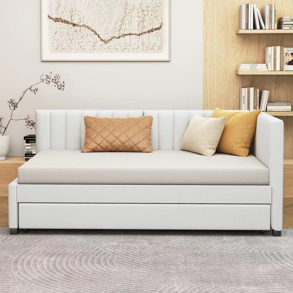 Beige Linen Twin Size Upholstered Daybed with Trundle Q758