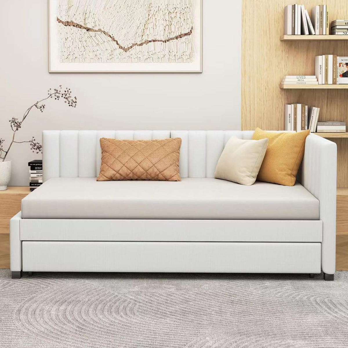 Beige Linen Twin Size Upholstered Daybed with Trundle Q758